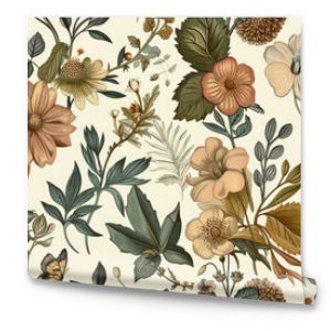 Seamless pattern background featuring a collection of vintage botanical illustrations with flowers and leaves in muted colors - Generative AI