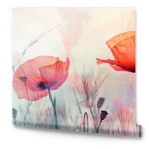 An exquisite and elegant abstract watercolor illustration showcasing vibrant and colorful poppies, making it a perfect choice for spring decor, as well as being an excellent example of botanical art