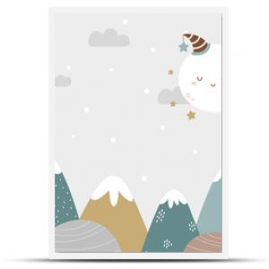 Seamless mountains and moon background in dusty pastel colors. For nursery room wallpaper, decoration, web banners, poster, etc.