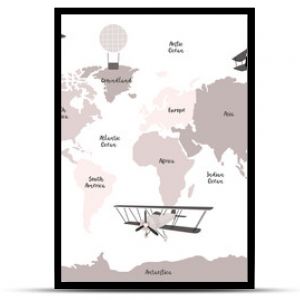 Vector world map for kids with cute cartoon planes and air balloons. Children's map design for wallpaper, kid's room, wall art. America, Europa, Asia, Africa, Australia, Arctica. Vector illustration.