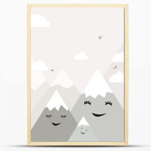 Wallpaper for a children's room with clouds and mountains. Decorative wall for the nursery. For nursery room wallpaper, decoration. Kids room.