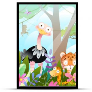 Kids animals in jungle cute friends in the wild tropical forest. Many adorable safari or zoo animals in nature. Horizontal panorama for kids and children, vector art illustration.