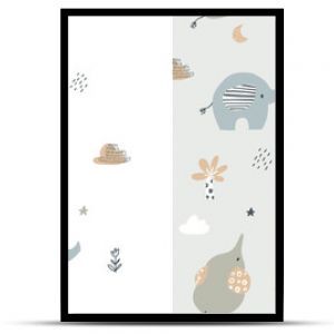 Cute elephant card and seamless pattern for baby shower decor, nursery print,  kids apparel,  wrapping paper, fabric, and textile. Vector illustration.