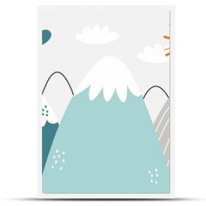 Vector children hand drawn color mountain illustration in scandinavian style. Mountain landscape, clouds and cute sun. Kids wallpaper. Mountainscape, baby room design, wall decor.