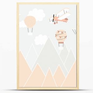 Vector color children hand drawn mountain, aircraft, plane and stars illustration in scandinavian style. Mountain landscape. Children's wallpaper. Mountainscape, children's room design, wall decor.