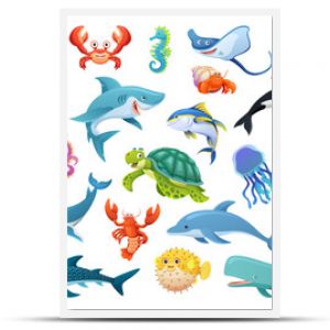 Set of fish and sea animals in cartoon style