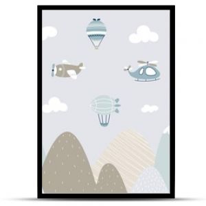 Scandinavian style kids landscape. Aircraft flying over mountain, childish banner with air transport and rocks. Nursery print, cartoon nowaday vector background