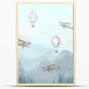 Illustration of flying planes and balloons with a blue background. Slightly misty forest and high mountains. Kids wallpaper style.