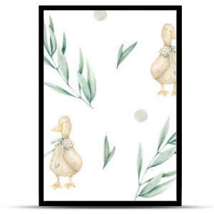 Watercolor seamless pattern with toy goose, eucalyptus, dots. Isolated on white background. Hand drawn clipart. Perfect for card, fabric, tags, invitation, printing, wrapping.