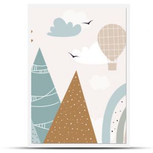 Vector hand drawn modern design of kids mountains. Mountains in doodle style. For children's wallpapers. Mountains, clouds, air balloon, sun, rainbow and birds.