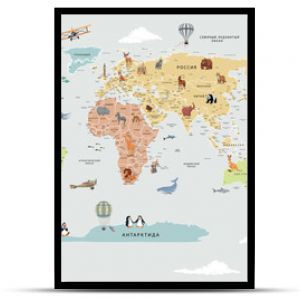 Children's map of the world with sights detailed grey