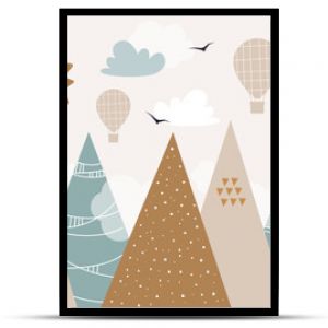 Vector hand drawn modern design of kids mountains. Mountains in doodle style. For children's wallpapers. Mountains, clouds, air balloon, sun and birds.