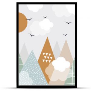 Vector. Hand drawn modern mountains in doodle style. Sun, birds, clouds and mountains. Children's landscape, wallpaper design, children's wall. 