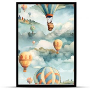 children watercolor background with seamless pattern with balloons flying in sky. Generative AI illustration