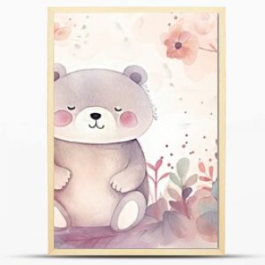 watercolor style illustration of happy baby bear in flower blossom garden, idea for home wall decor, kid room, Generative Ai