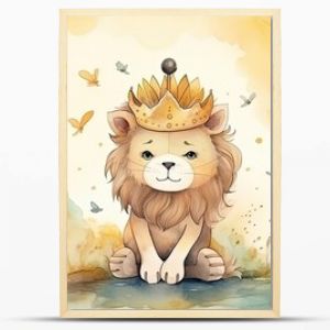 watercolor style illustration of happy lion cub in flower blossom garden, idea for home wall decor, kid room, Generative Ai