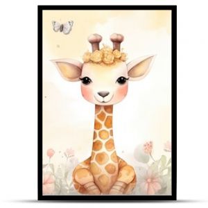 watercolor style illustration of happy baby giraffe in flower blossom garden, idea for home wall decor, kid room, Generative Ai