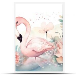 watercolor style illustration of happy flamingo in flower blossom garden, idea for home wall decor, kid room, Generative Ai