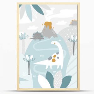 Vector children hand drawn mountain and cute dinosaurs illustration in scandinavian style. Mountain landscape, clouds. Children's tropical wallpaper. Mountainscape, children's room design, wall decor.