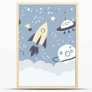 Children graphic illustration for nursery, wall, book cover, textile, cards. Interior design for kids room. Vector illustration with space theme