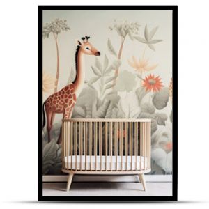 Baby nursery with crib and giraffes mural wallpaper.  Floral mural with safari giraffes.  Nursery design concept.