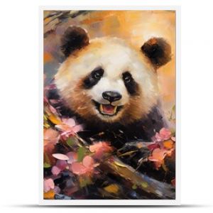 art illustration of cute panda bear in flower blossom atmosphere, Generative Ai