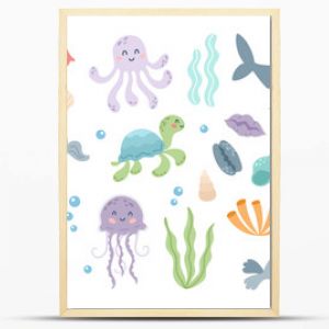 Zestaw uroczych zwierząt morskich w stylu kreskówki płaskiej Elementy projektu oceanu życia morskiego do drukowania ilustracji wektorowych karty plakatowej