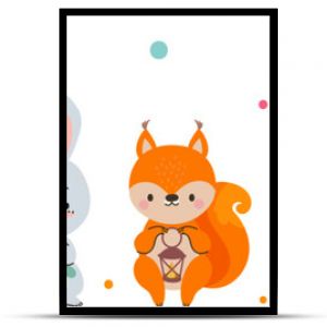 Cute cartoon animals autumn style. Rabbit farmer, funny hedgehogs, mouse with balloon and red fox. Isolated childish vector wild characters