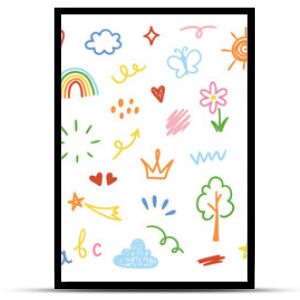 Cute kid scribble line flower, heart. rainbow background. Hand drawn doodle sketch childish element set. Flower, heart, cloud children draw style design elements background. Vector illustration