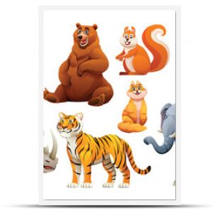 Set of animals vector cartoon illustration. Bull, bear, squirrel, lion, rhino, tiger, cat and elephant