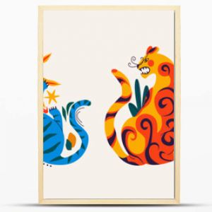 Abstract cartoon tigers in tropical retro style 90s.Hippie groovy animals hand drawn