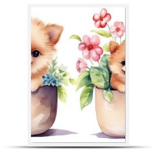 watercolor style illustration of happy baby pomeranian dog puppy  in flower plant pot blossom garden, idea for home wall decor, kid room, Generative Ai