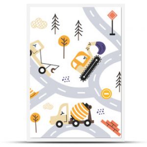 Vector set with cute cars, tractors and road equipment. Road elements, concrete mixer, excavator, crane. Set construction vehicle in Scandinavian style. Hand drawn children vector illustration.Diggers