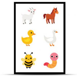 Collection of Cute Farm and domestic Animals Icons, vector flat cartoon illustration - cow, chicken, duck, goat, sheep, horse, pig, dog, cat, bee, llama, donkey.