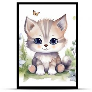 watercolor style illustration of happy cat in flower blossom garden, idea for home wall decor, kid room