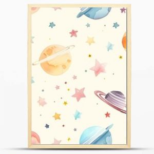 Whimsical Watercolor Space Pattern Featuring Planets, Stars, and Celestial Bodies in Soft Pastel Colors, Perfect for Children's Room Decor, Stationery, and Textile Designs