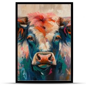 Bull, illustration of cute animal smile face in spring flower gardens, idea for children room wall decor or animal wallpaper