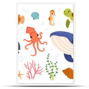 Sea animals. Ocean underwater aqua life. Marine wild animal. Childish tropical colorful fish, coral, algae and exotic elements. Funny whale, starfish, octopus, shrimp. Vector set.