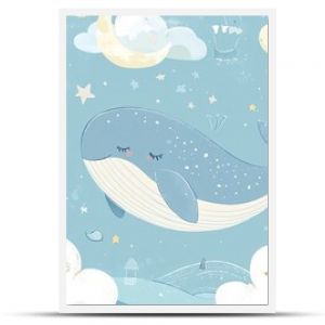 A vector illustration in  style featuring a hand-drawn, colorful, cute whale in the sky with air balloons, clouds, and the moon. Perfect for kids' wallpaper, baby room design