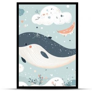 A vector illustration in  style featuring a hand-drawn, colorful, cute whale in the sky with air balloons, clouds, and the moon. Perfect for kids' wallpaper, baby room design