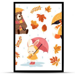 Set of flat vector illustrations in children's style. Cute animals in raincoats and with umbrellas. Hedgehog fox bear raccoon hare in the rain, fall leaves. Vector illustration