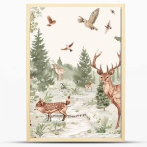 91. Whimsical children's wallpaper featuring hand-drawn animals in a magical forest setting, perfect for a cozy and imaginative children's room