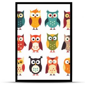 A collection of twelve cartoon owls in various colors and styles, each with unique expressions and features.