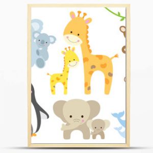 Ilustracja wektorowa zwierząt i dzieci, w tym koale, pingwiny, żyrafy, małpy, słonie, wieloryby