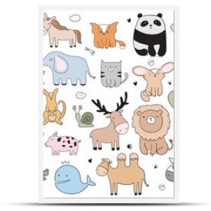 Vector cartoon big set of cute doodle animals