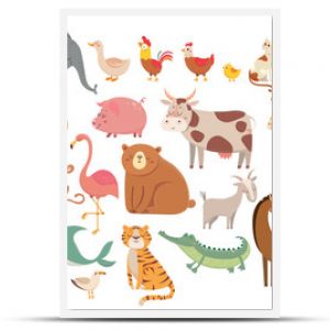 Cartoon animals. Cute elephant and lion, giraffe and crocodile, cow and chicken, dog and cat. Farm and savanna animals vector set