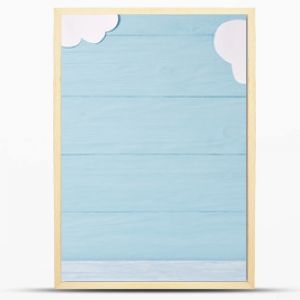 Cute children or baby background, white clouds on the blue wooden background