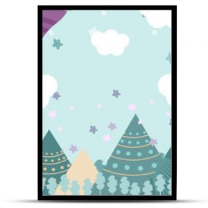 Kids room wallpaper with graphic illustration winter forest, mountain, and air balloon. Can use for print on the wall, pillows, decoration kids interior, baby wear, shirts, and greeting card