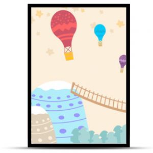 Graphic illustration for kids room wallpaper with house sky full of stars,stairs,hill,and air balloon. Can use for print on the wall, pillows, decoration kids interior, baby wear, t shirt, and card