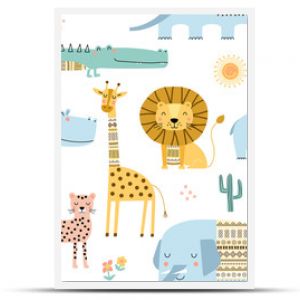 Seamless childish pattern with cute African animals. Scandinavian style kids texture for fabric, wrapping, textile. Vector illustration.